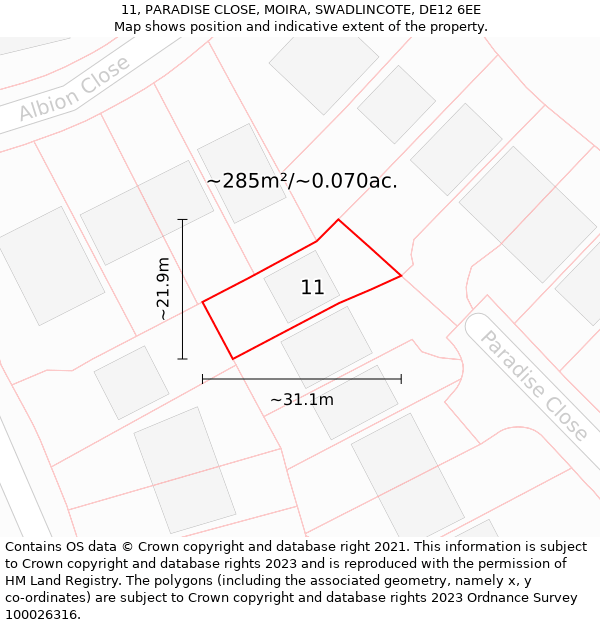 11, PARADISE CLOSE, MOIRA, SWADLINCOTE, DE12 6EE: Plot and title map