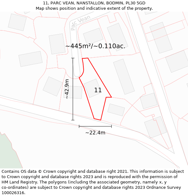 11, PARC VEAN, NANSTALLON, BODMIN, PL30 5GD: Plot and title map