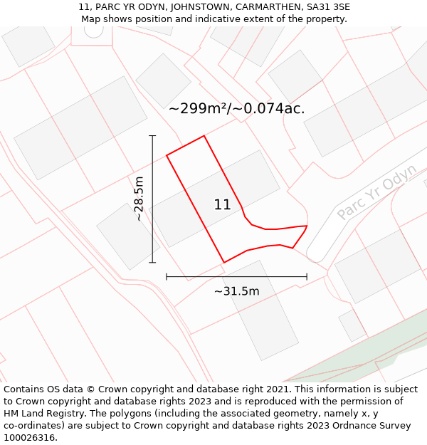 11, PARC YR ODYN, JOHNSTOWN, CARMARTHEN, SA31 3SE: Plot and title map