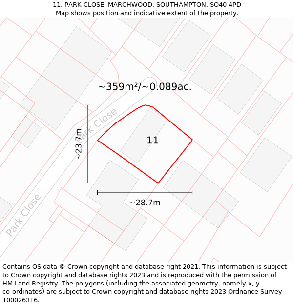 11, PARK CLOSE, MARCHWOOD, SOUTHAMPTON, SO40 4PD: Plot and title map