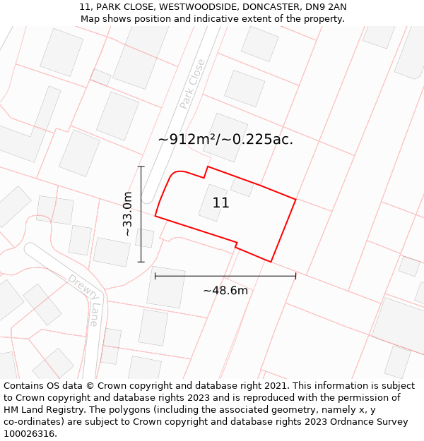 11, PARK CLOSE, WESTWOODSIDE, DONCASTER, DN9 2AN: Plot and title map