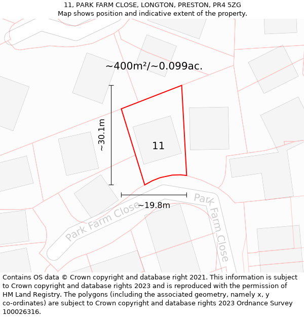 11, PARK FARM CLOSE, LONGTON, PRESTON, PR4 5ZG: Plot and title map