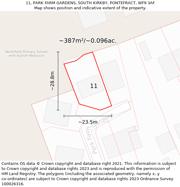 11, PARK FARM GARDENS, SOUTH KIRKBY, PONTEFRACT, WF9 3AF: Plot and title map