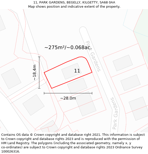 11, PARK GARDENS, BEGELLY, KILGETTY, SA68 0AA: Plot and title map