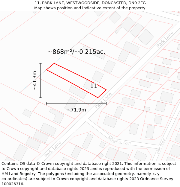 11, PARK LANE, WESTWOODSIDE, DONCASTER, DN9 2EG: Plot and title map