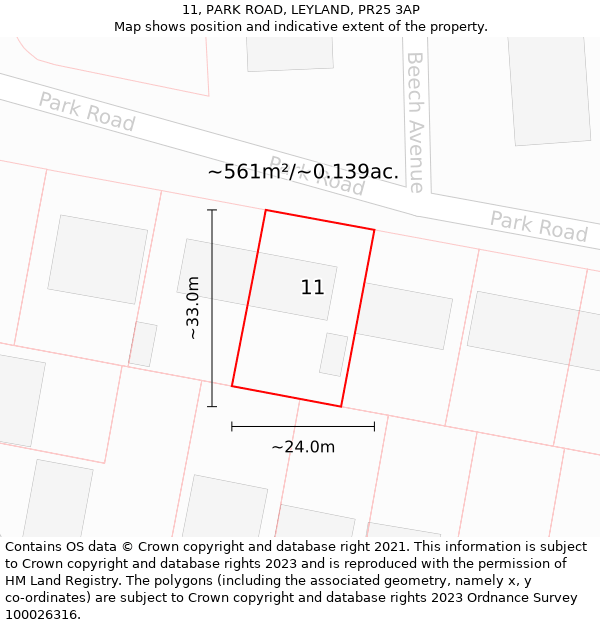 11, PARK ROAD, LEYLAND, PR25 3AP: Plot and title map