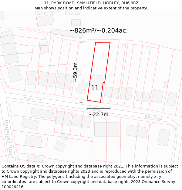 11, PARK ROAD, SMALLFIELD, HORLEY, RH6 9RZ: Plot and title map