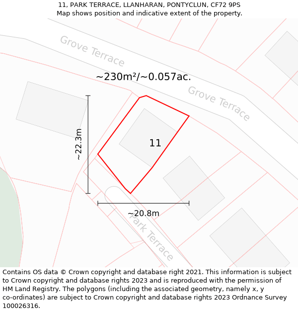 11, PARK TERRACE, LLANHARAN, PONTYCLUN, CF72 9PS: Plot and title map