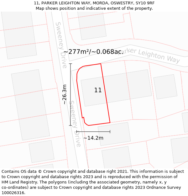 11, PARKER LEIGHTON WAY, MORDA, OSWESTRY, SY10 9RF: Plot and title map