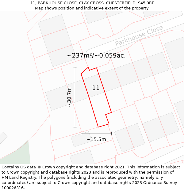 11, PARKHOUSE CLOSE, CLAY CROSS, CHESTERFIELD, S45 9RF: Plot and title map
