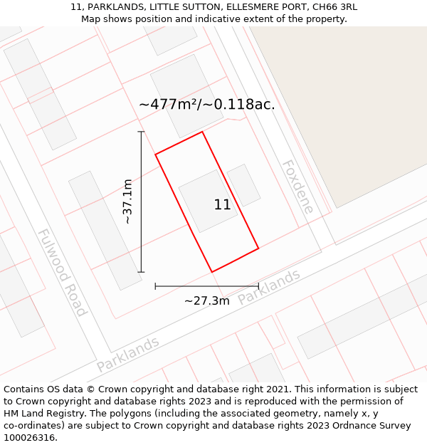 11, PARKLANDS, LITTLE SUTTON, ELLESMERE PORT, CH66 3RL: Plot and title map