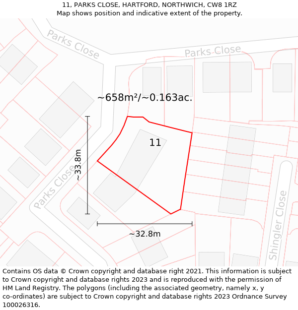 11, PARKS CLOSE, HARTFORD, NORTHWICH, CW8 1RZ: Plot and title map