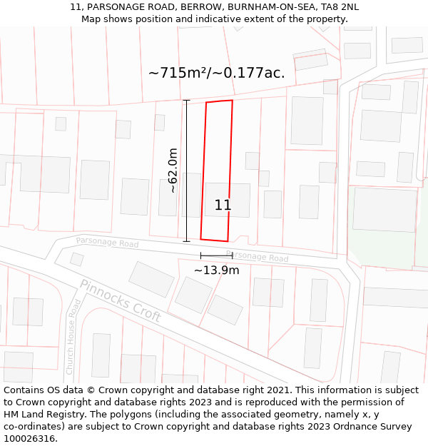 11, PARSONAGE ROAD, BERROW, BURNHAM-ON-SEA, TA8 2NL: Plot and title map