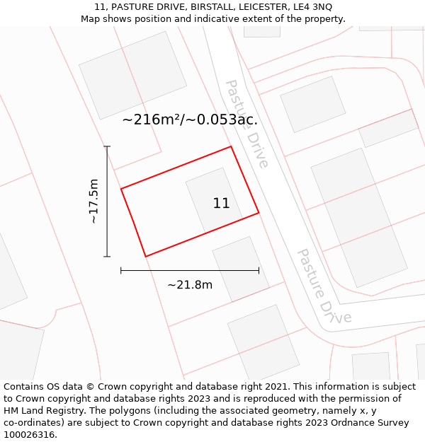 11, PASTURE DRIVE, BIRSTALL, LEICESTER, LE4 3NQ: Plot and title map
