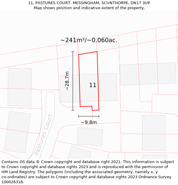 11, PASTURES COURT, MESSINGHAM, SCUNTHORPE, DN17 3UP: Plot and title map
