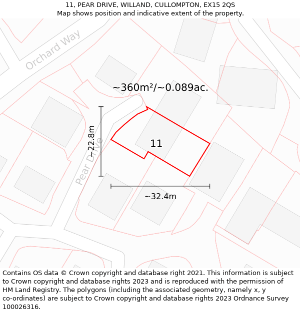 11, PEAR DRIVE, WILLAND, CULLOMPTON, EX15 2QS: Plot and title map