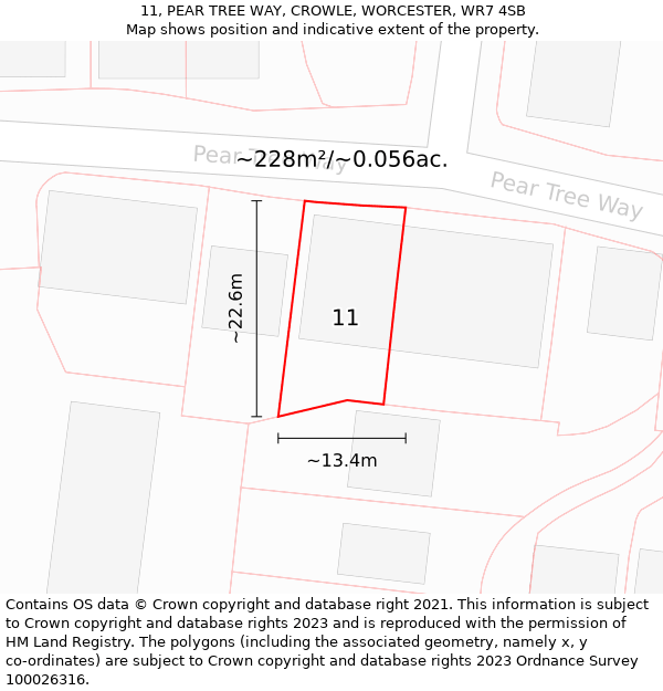11, PEAR TREE WAY, CROWLE, WORCESTER, WR7 4SB: Plot and title map