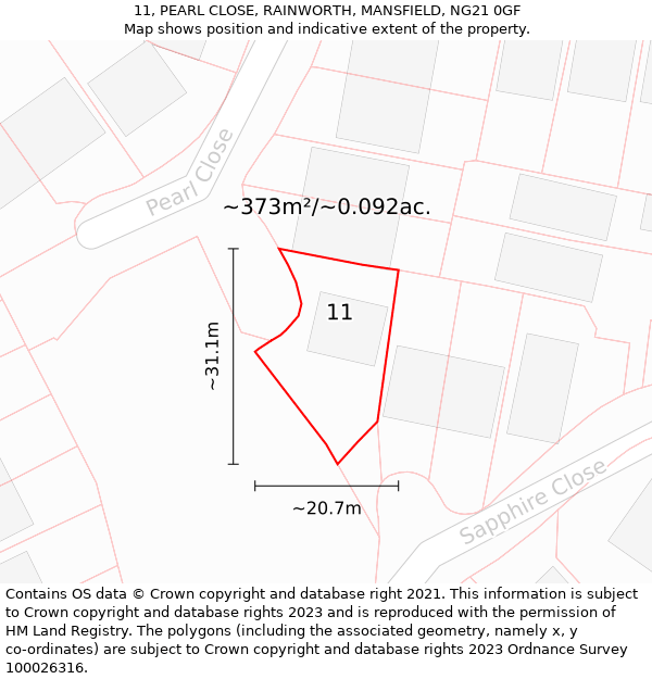 11, PEARL CLOSE, RAINWORTH, MANSFIELD, NG21 0GF: Plot and title map