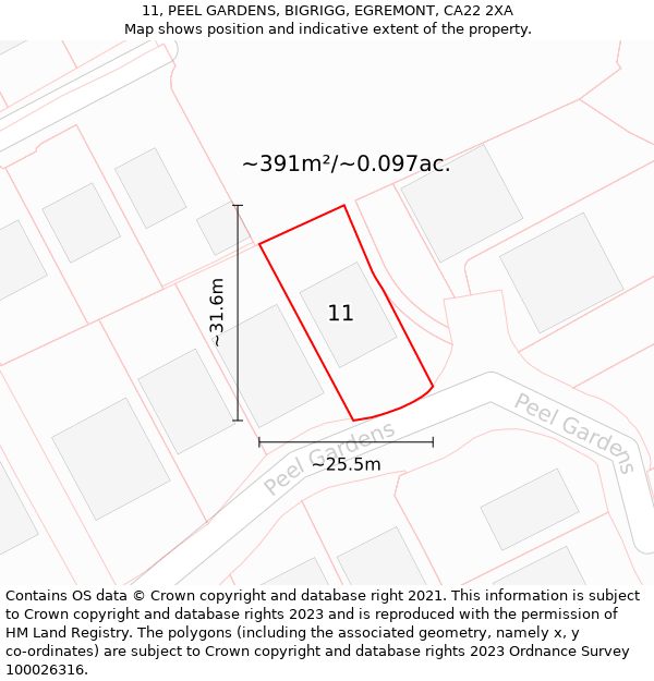 11, PEEL GARDENS, BIGRIGG, EGREMONT, CA22 2XA: Plot and title map