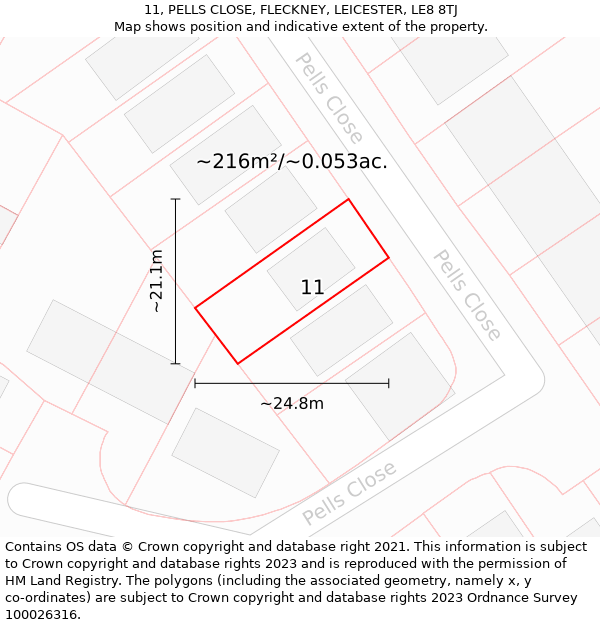 11, PELLS CLOSE, FLECKNEY, LEICESTER, LE8 8TJ: Plot and title map