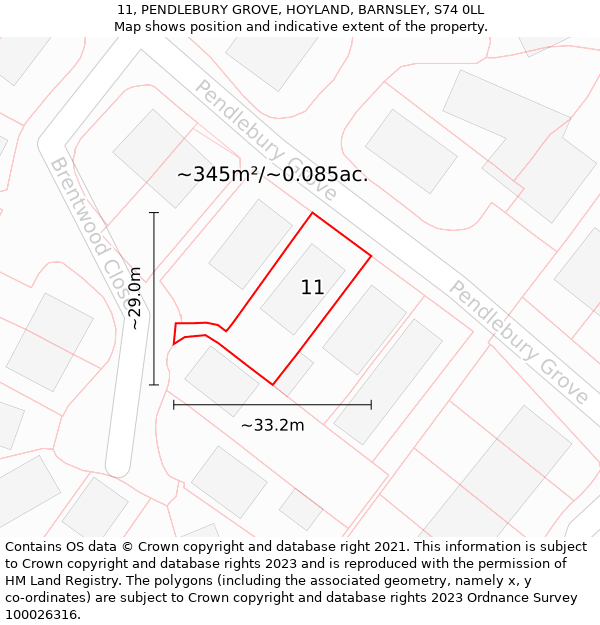 11, PENDLEBURY GROVE, HOYLAND, BARNSLEY, S74 0LL: Plot and title map