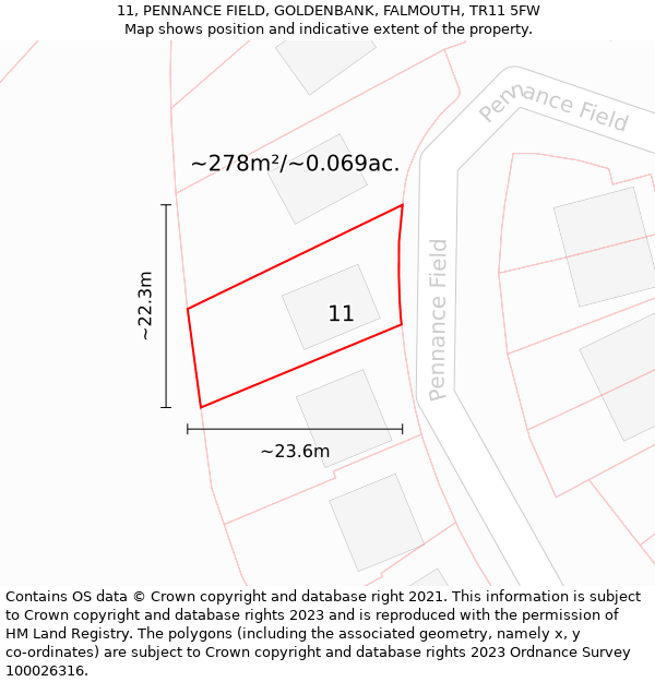 11, PENNANCE FIELD, GOLDENBANK, FALMOUTH, TR11 5FW: Plot and title map