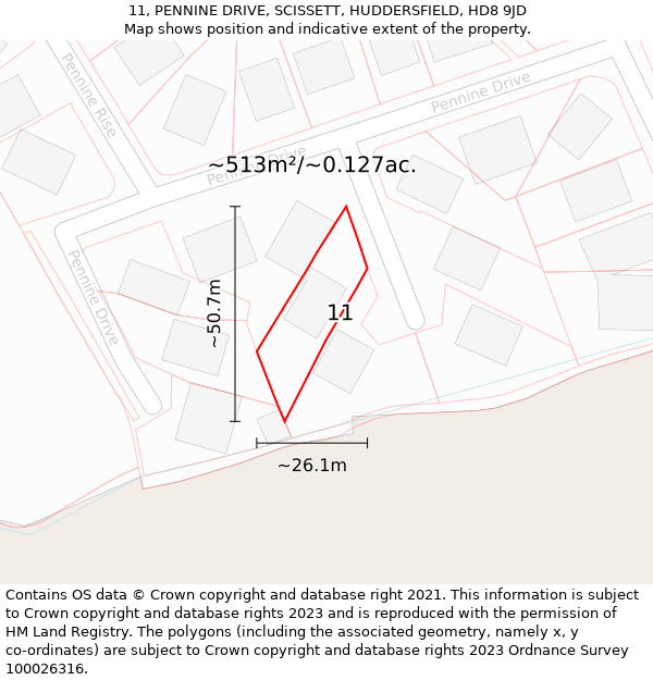 11, PENNINE DRIVE, SCISSETT, HUDDERSFIELD, HD8 9JD: Plot and title map