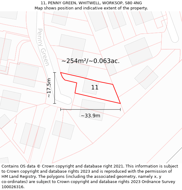 11, PENNY GREEN, WHITWELL, WORKSOP, S80 4NG: Plot and title map
