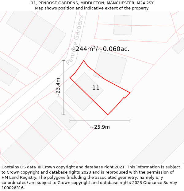 11, PENROSE GARDENS, MIDDLETON, MANCHESTER, M24 2SY: Plot and title map