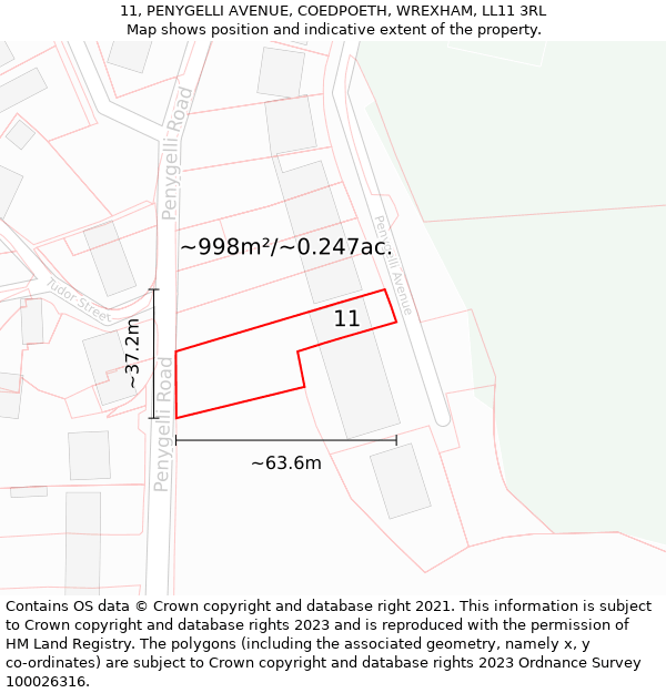 11, PENYGELLI AVENUE, COEDPOETH, WREXHAM, LL11 3RL: Plot and title map