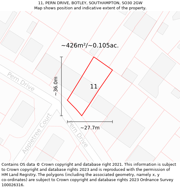 11, PERN DRIVE, BOTLEY, SOUTHAMPTON, SO30 2GW: Plot and title map