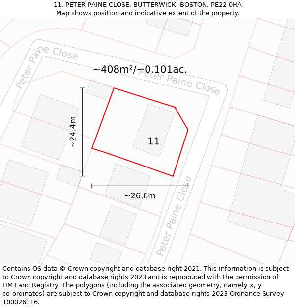 11, PETER PAINE CLOSE, BUTTERWICK, BOSTON, PE22 0HA: Plot and title map