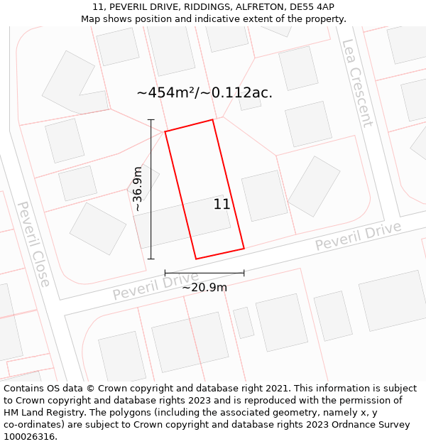 11, PEVERIL DRIVE, RIDDINGS, ALFRETON, DE55 4AP: Plot and title map