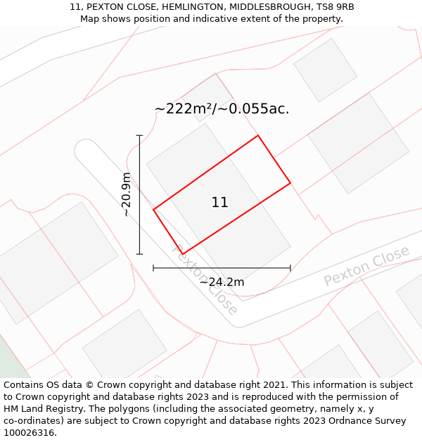 11, PEXTON CLOSE, HEMLINGTON, MIDDLESBROUGH, TS8 9RB: Plot and title map