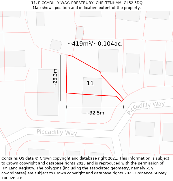 11, PICCADILLY WAY, PRESTBURY, CHELTENHAM, GL52 5DQ: Plot and title map