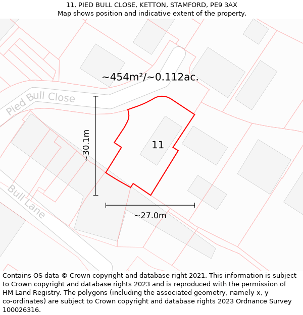 11, PIED BULL CLOSE, KETTON, STAMFORD, PE9 3AX: Plot and title map