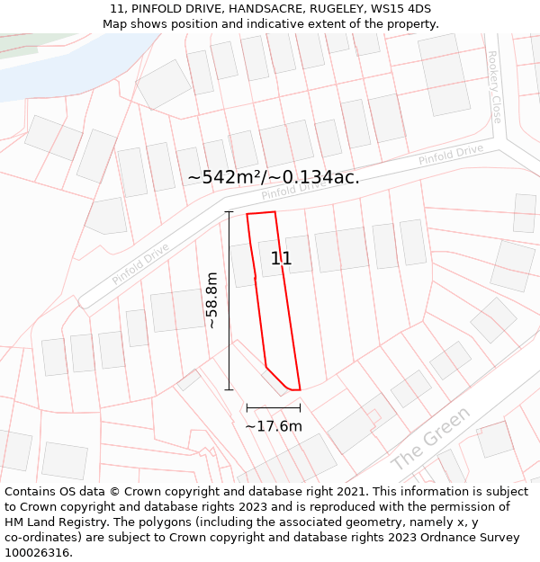 11, PINFOLD DRIVE, HANDSACRE, RUGELEY, WS15 4DS: Plot and title map