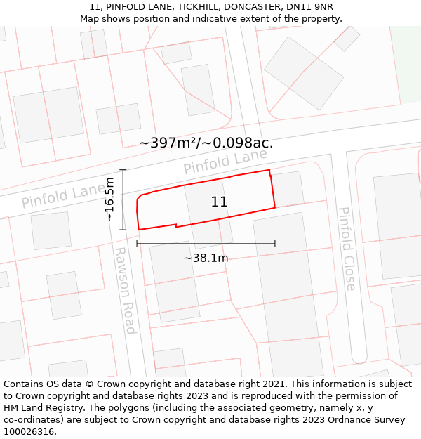 11, PINFOLD LANE, TICKHILL, DONCASTER, DN11 9NR: Plot and title map