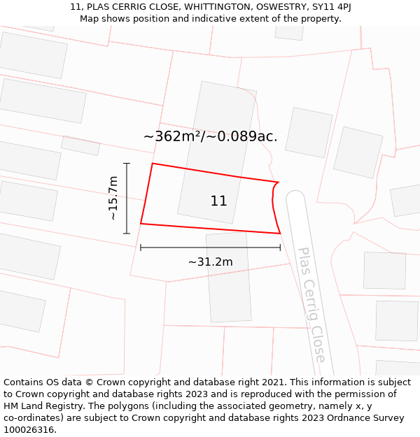 11, PLAS CERRIG CLOSE, WHITTINGTON, OSWESTRY, SY11 4PJ: Plot and title map