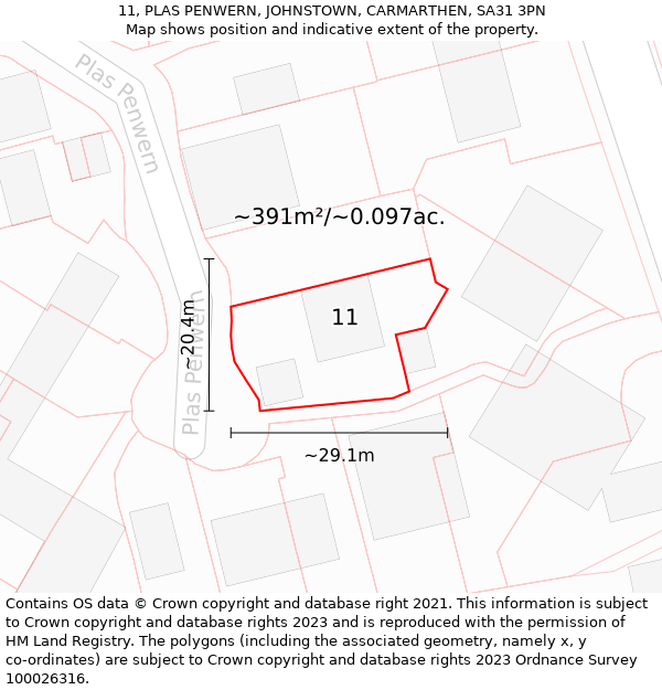 11, PLAS PENWERN, JOHNSTOWN, CARMARTHEN, SA31 3PN: Plot and title map