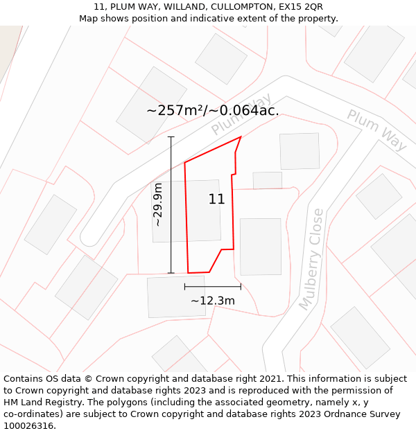 11, PLUM WAY, WILLAND, CULLOMPTON, EX15 2QR: Plot and title map