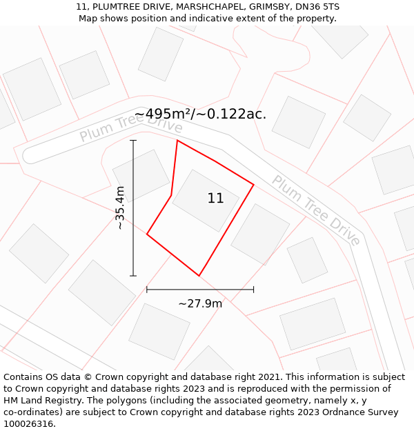 11, PLUMTREE DRIVE, MARSHCHAPEL, GRIMSBY, DN36 5TS: Plot and title map