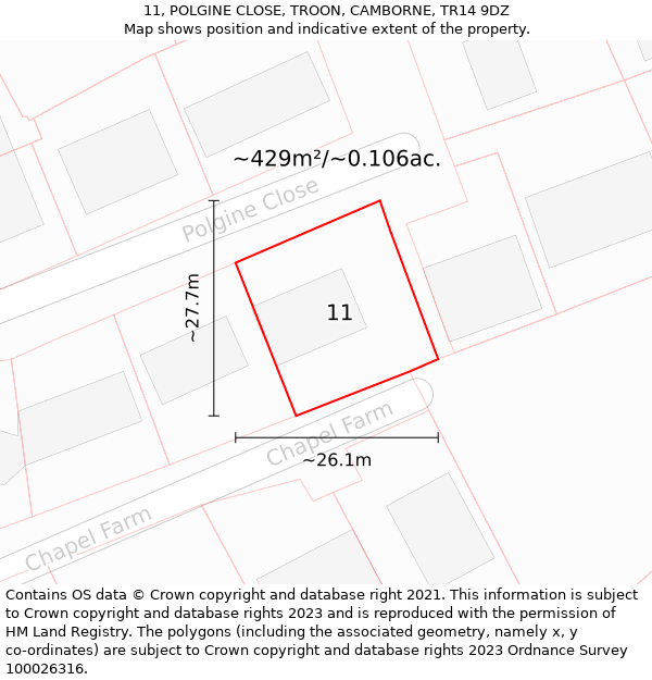 11, POLGINE CLOSE, TROON, CAMBORNE, TR14 9DZ: Plot and title map