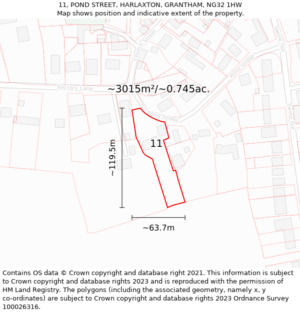 11, POND STREET, HARLAXTON, GRANTHAM, NG32 1HW: Plot and title map