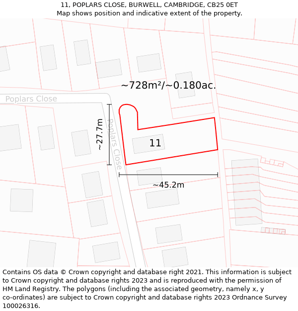 11, POPLARS CLOSE, BURWELL, CAMBRIDGE, CB25 0ET: Plot and title map