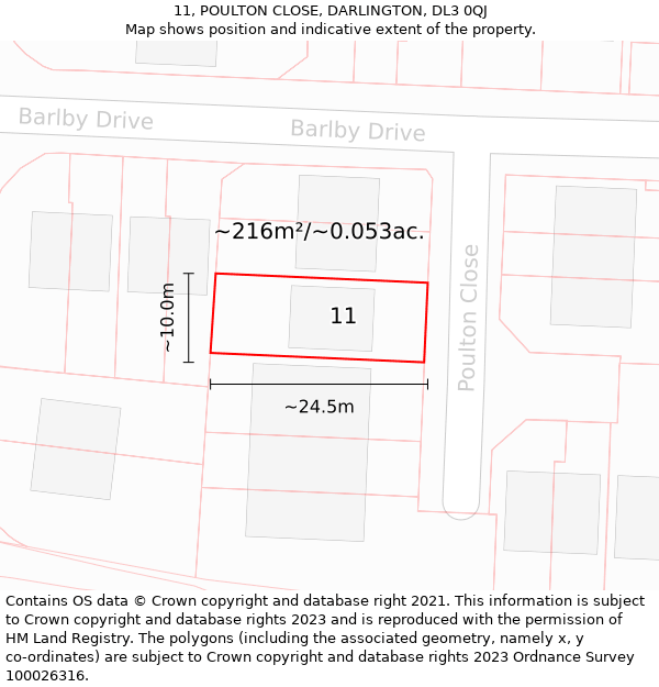 11, POULTON CLOSE, DARLINGTON, DL3 0QJ: Plot and title map