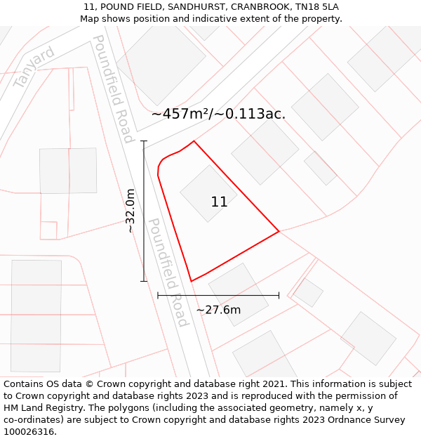 11, POUND FIELD, SANDHURST, CRANBROOK, TN18 5LA: Plot and title map