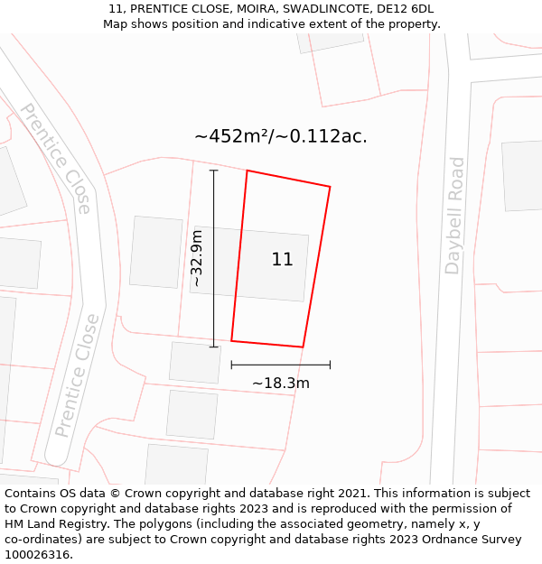 11, PRENTICE CLOSE, MOIRA, SWADLINCOTE, DE12 6DL: Plot and title map