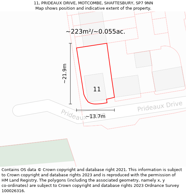 11, PRIDEAUX DRIVE, MOTCOMBE, SHAFTESBURY, SP7 9NN: Plot and title map