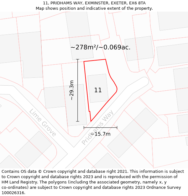 11, PRIDHAMS WAY, EXMINSTER, EXETER, EX6 8TA: Plot and title map